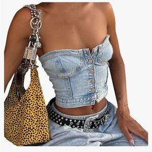 Sunloudy Women Denim Push Up Bustier Tube Button Up Corset Crop Top Streetwear